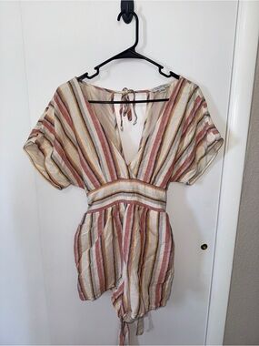 American Eagle Outfitters Striped V-Neck Romper in Cream, Rust & Mustard
